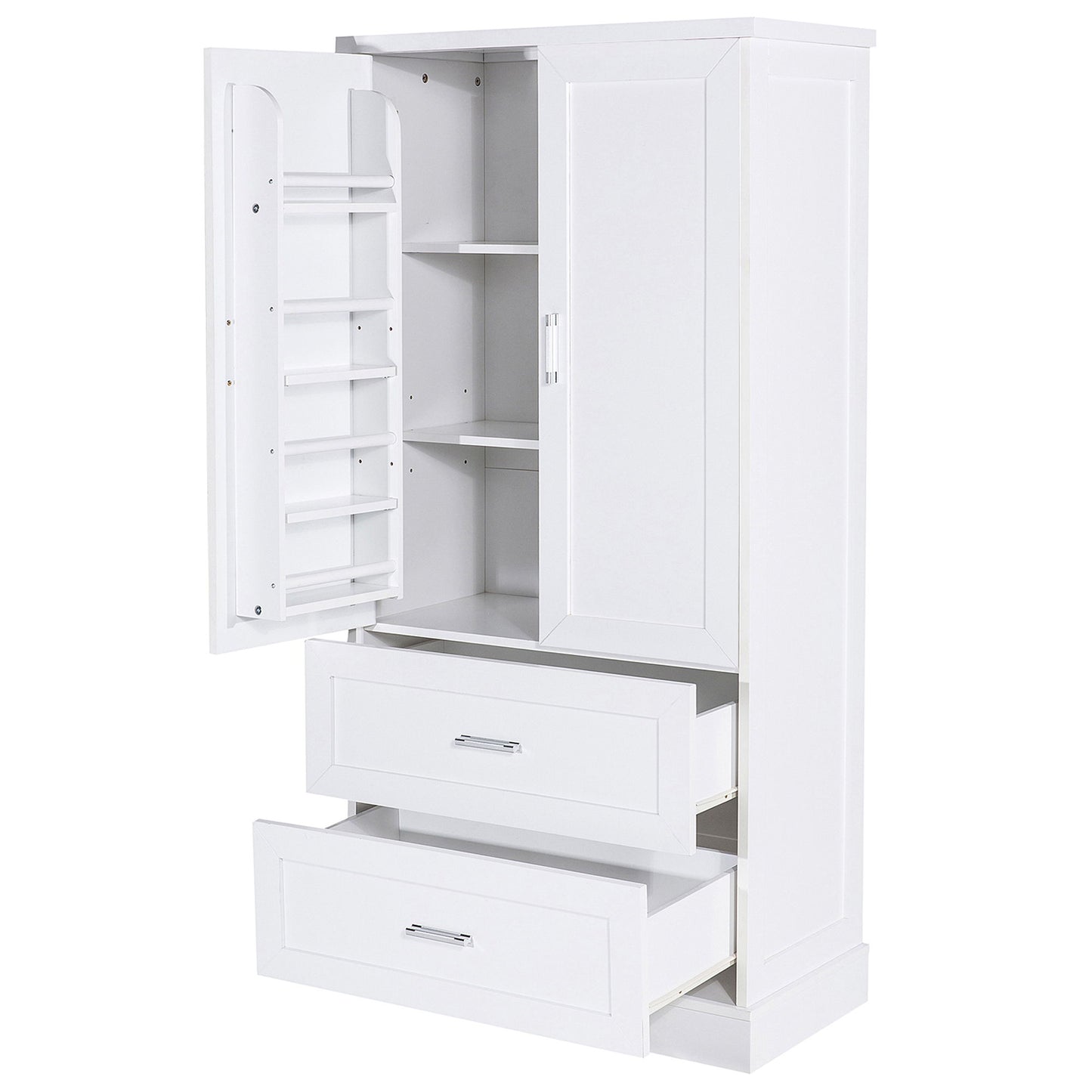Tall Bathroom Storage Cabinet With 2 Doors And Drawers, Adjustable Shelf
