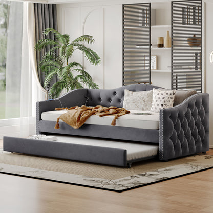 Twin Size Upholstered Daybed With Trundle And USB Charging Design For Bedroom - Gray