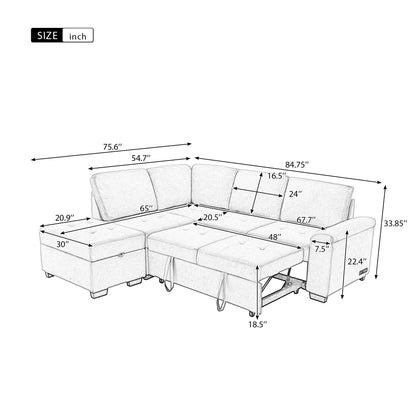 Sleeper Sectional Sofa, L-Shape Corner Couch Sofa Bed With Storage Ottoman & Hidden Arm Storage & USB Charge For Living Room Apartment