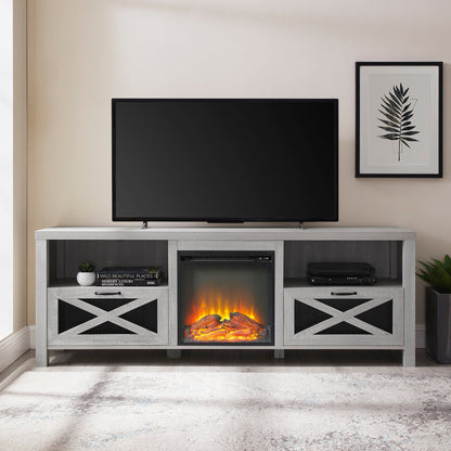 Industrial Farmhouse Metal Mesh Drop Down X Door Fireplace TV Stand