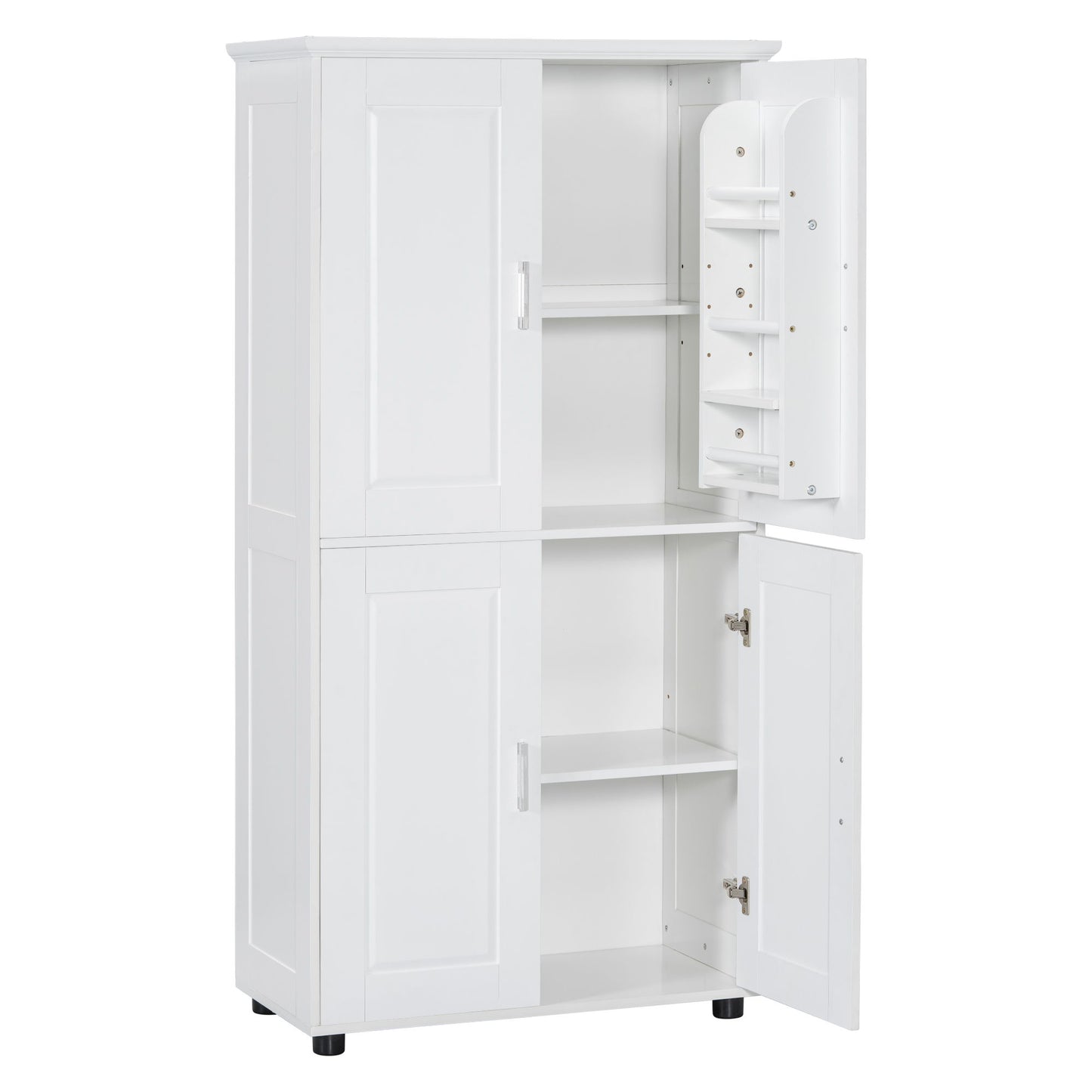 Tall And Wide Bathroom Floor Storage Cabinet With 4 Doors, Adjustable Shelves - White