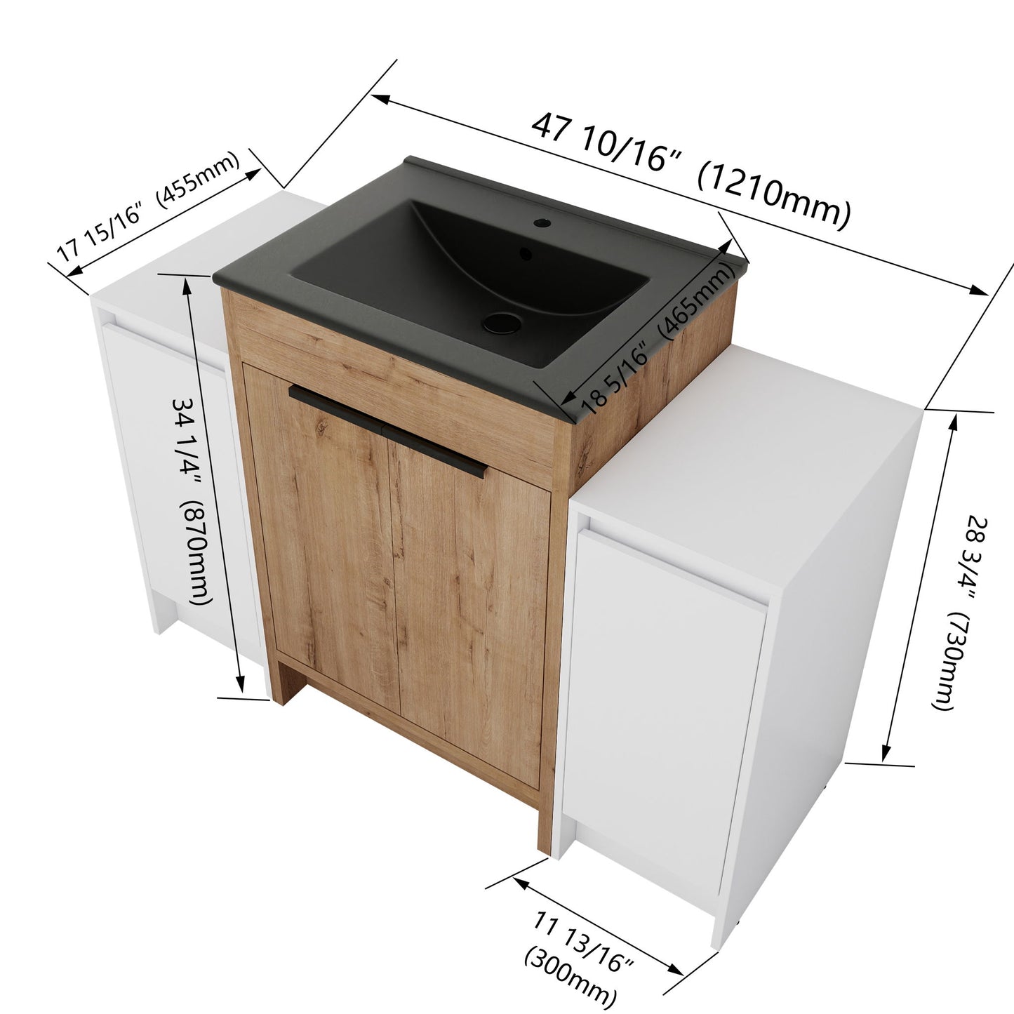 48" Freestanding Bathroom Vanity With Sink And 2 Storage Cabinets, Soft Closing Door - Glossy White / Imitative Oak