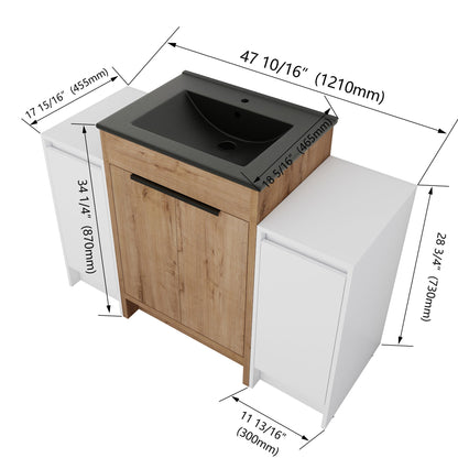 48" Freestanding Bathroom Vanity With Sink And 2 Storage Cabinets, Soft Closing Door - Glossy White / Imitative Oak
