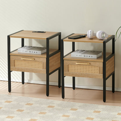 Rattan End Table With Power Outlet & USB Ports, Modern Nightstand With Drawer And Metal Legs, Side Table For Living Room, Bedroom