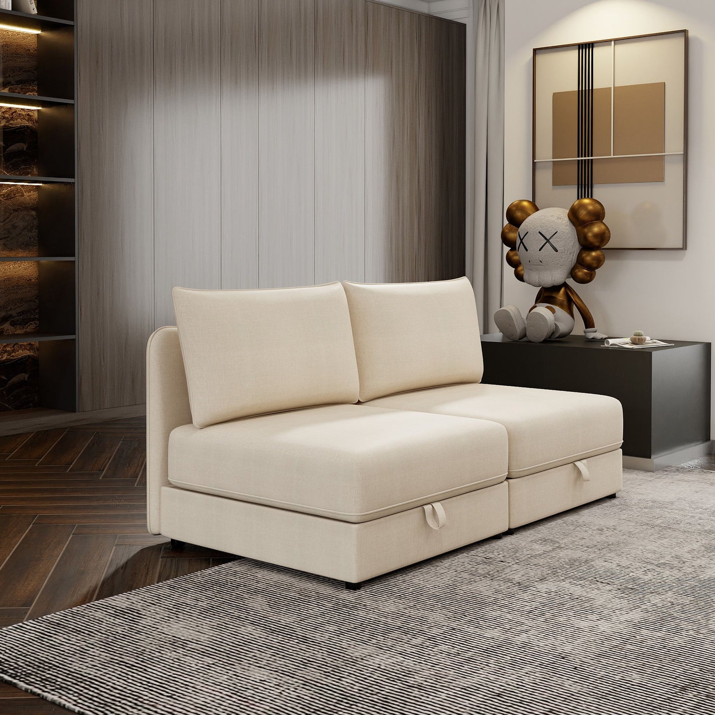 Modular Sectional Sofa With Storage, Convertible 2 Seater Sleeper Sofa - Beige