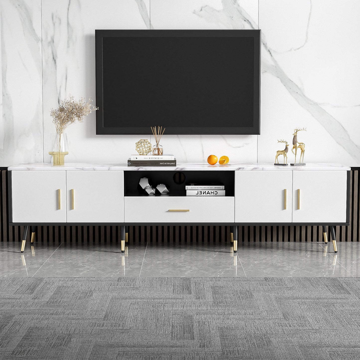 Modern TV Stand With 2 Cabinets & Open Compartments, Entertainment Center For Tvs Up To 80''
