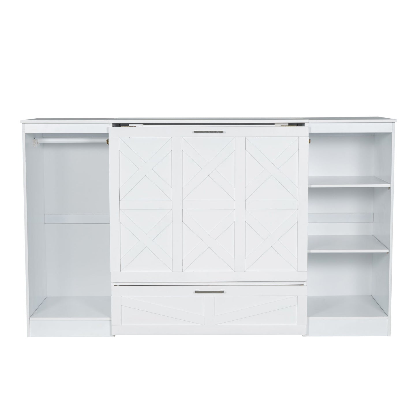 Twin Size Murphy Bed With Bedside Shelves And Wardrobe - White