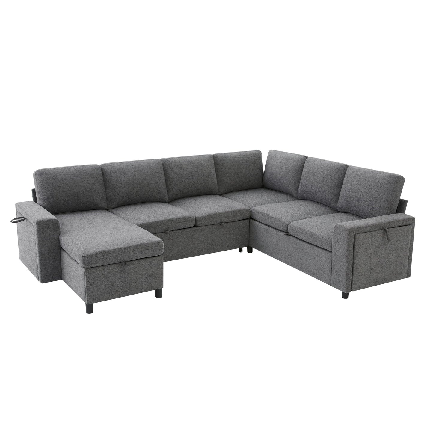 U - Shaped Convertible Sectional Sofa Bed With Storage, USB Charger & Cup Holders