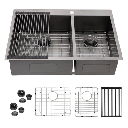 Double Bowl Drop In Sink With 2 - 9" Deep Basins - Gunmetal Black