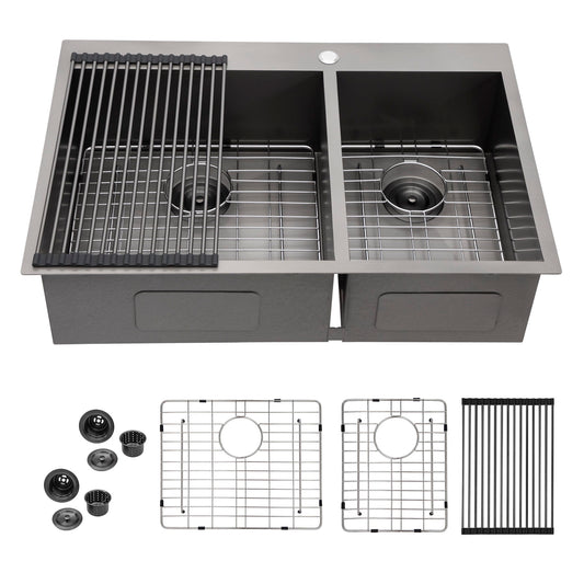 Double Bowl Drop In Sink With 2 - 9" Deep Basins - Gunmetal Black