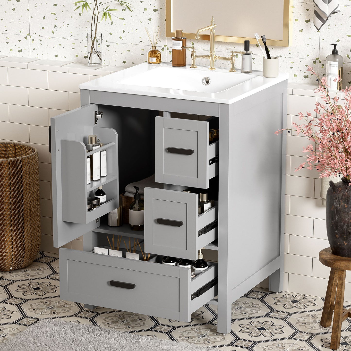 Bathroom Vanity With Sink, Soft Close Door, Double Layer Door Shelf And 3 Drawers - Gray