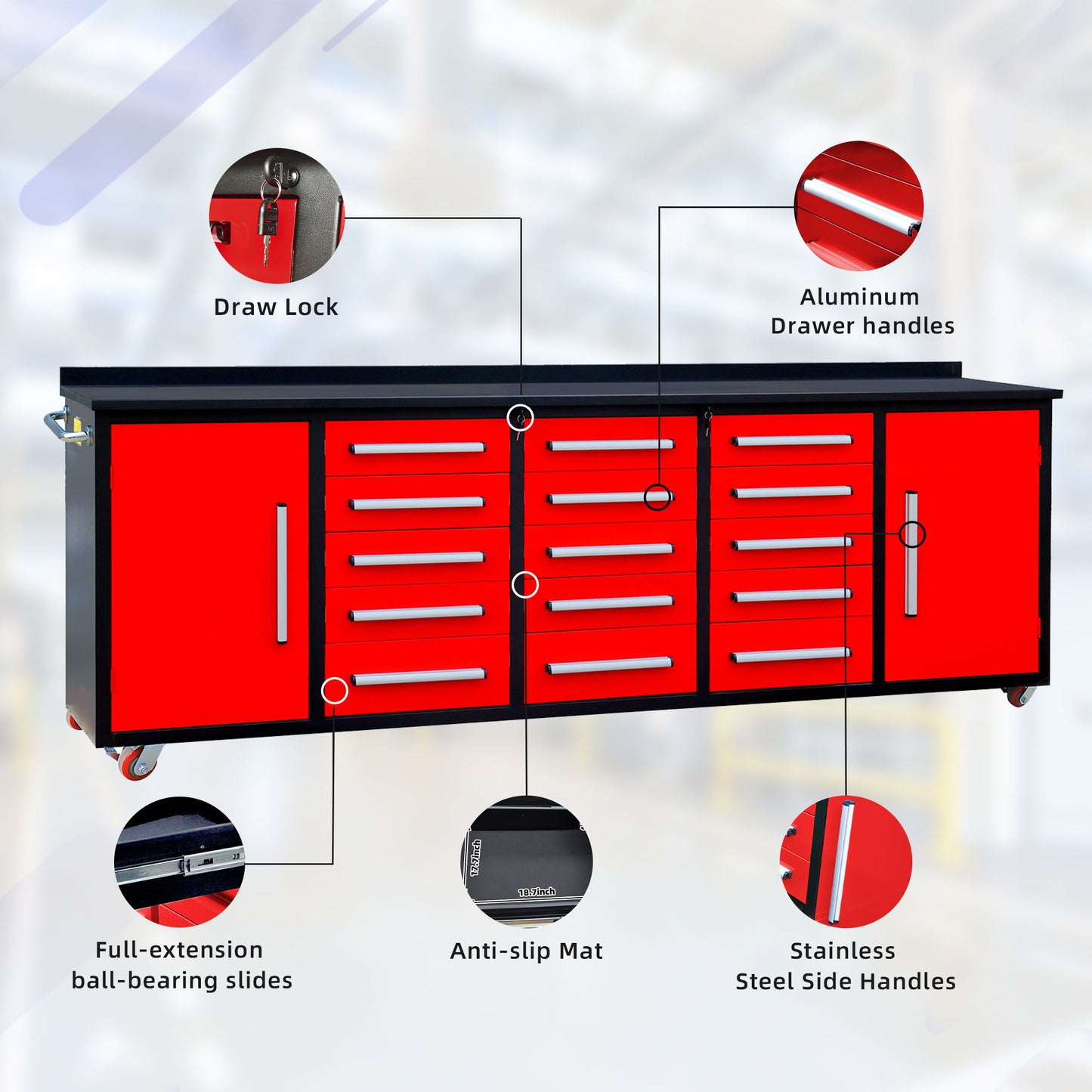 Storage Cabinet With Work Bench (15 Drawers & 2 Cabinets)