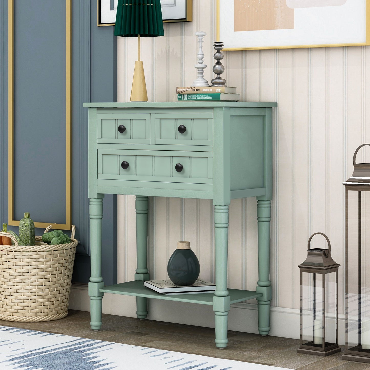 Narrow Console Table, Slim Sofa Table With Three Storage Drawers And Bottom Shelf