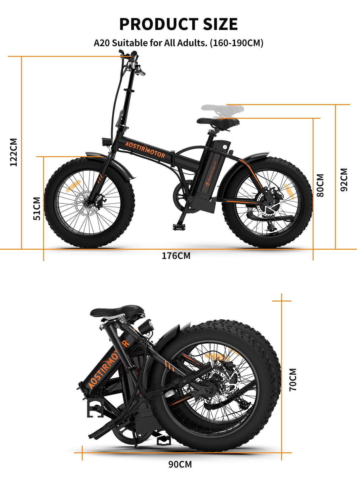 Folding Electric Bike Ebike Bicycle 500W Motor 20" Fat Tire With 36V / 13Ah Li - Battery Beach Snow Bicycle A20 - Black