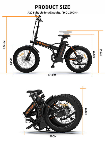 Folding Electric Bike Ebike Bicycle 500W Motor 20" Fat Tire With 36V / 13Ah Li - Battery Beach Snow Bicycle A20 - Black
