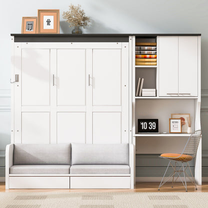 Multi Functional Murphy Bed With Sofa, Desk, And Storage Cabinet In, Full Size - White