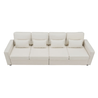 4 Seater Modern Linen Sofa With Armrest Pockets And 4 Pillows, Minimalist Style Couch For Living Room