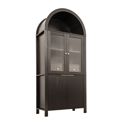 Fluted Tall Arched Pantry Cabinet With Adjustable Shelves, Glass Door & Hidden Drawer For Kitchen