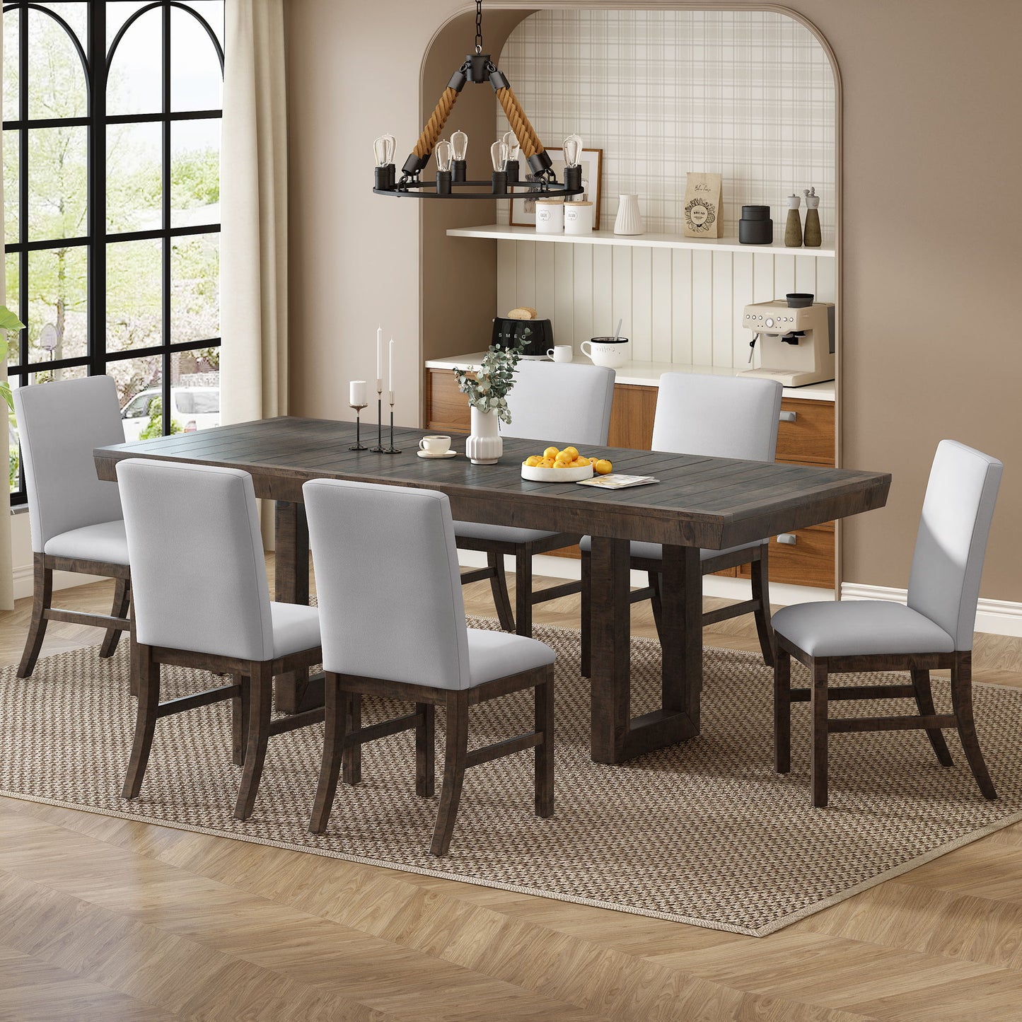 Topmax - 7 Piece Traditional Extendable Dining Table Set With Butterfly Leaf And 6 Upholstered Dining Table Set