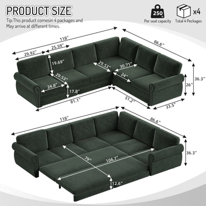 L-Shaped Sofa Couch With Pull Out Bed With Nailhead Trim & Rolled Arm
