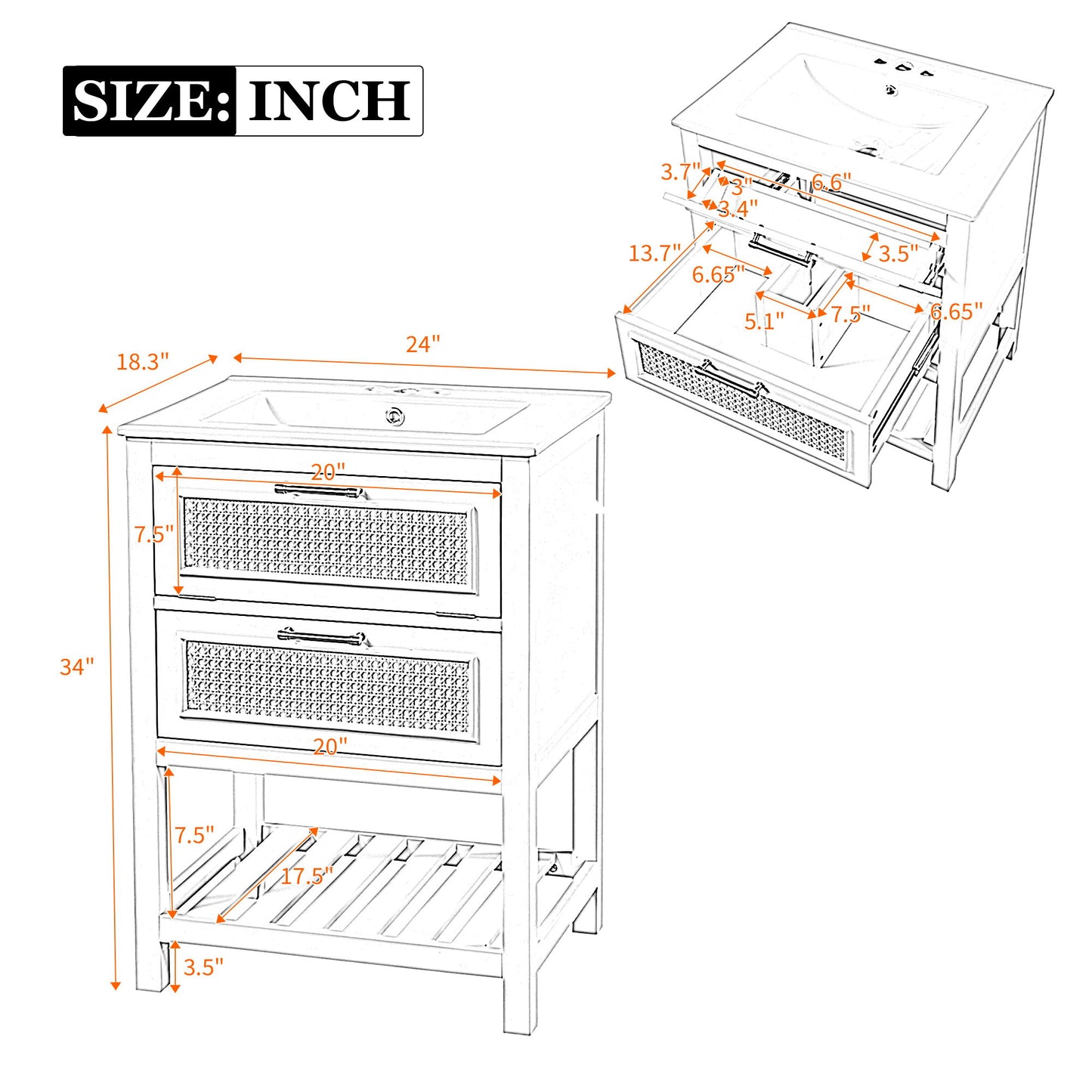 Modern Bathroom Vanity With Integrated Sink, Cabinet With 1 Deep Drawer And 1 Tip-Out Drawer
