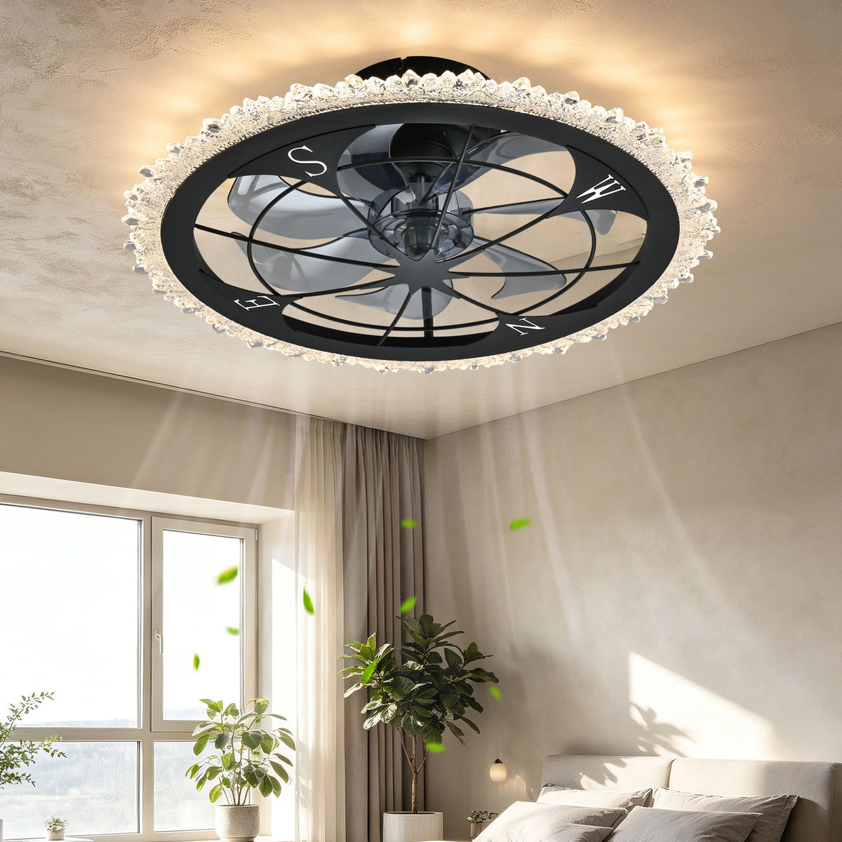 21" Caged Ceiling Fan With Dimmable LED Light And Remote Control, Low Profile Flush Mount Fan - Matte Black