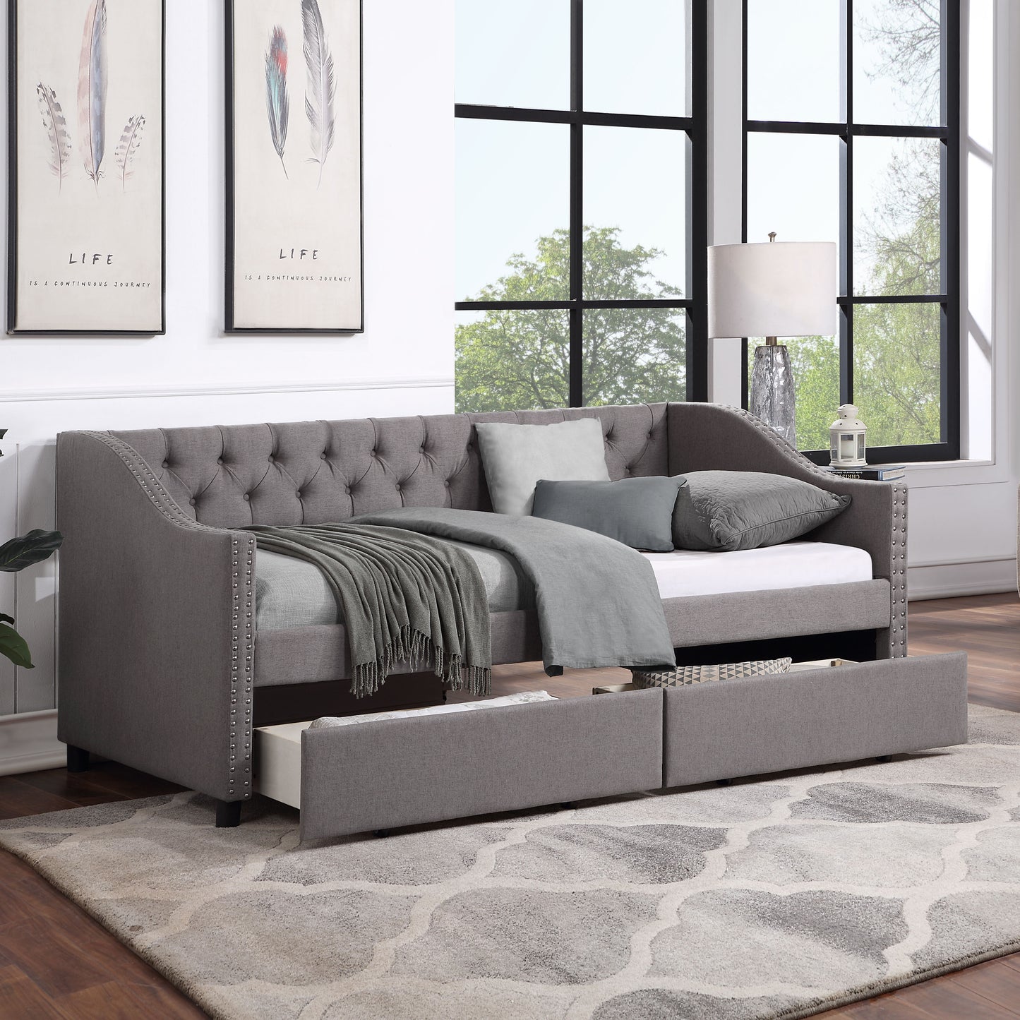 Twin Size Upholstered Daybed With Two Drawers, Wood Slat Support - Gray