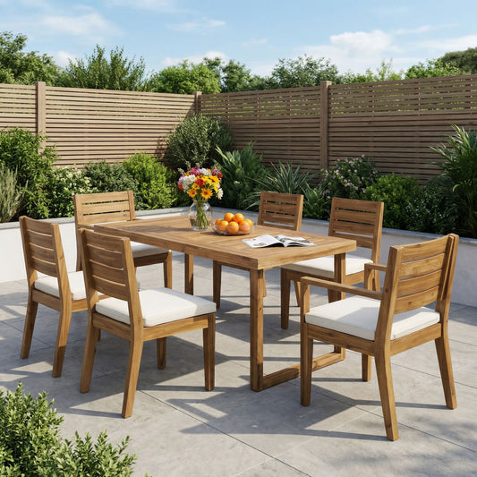 Outdoor 7 Piece Dining Set With Cushions - Sandblasted Natural / Beige