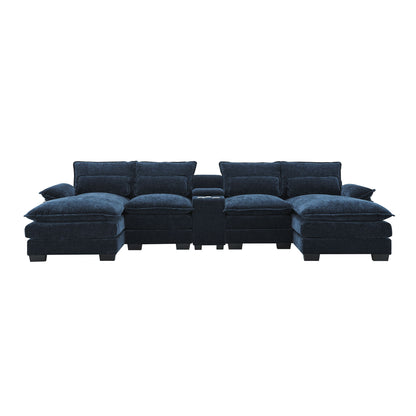 Modern U-Shaped Sofa With Console, Cupholders And USB Ports, 6 Seat Upholstered Symmetrical Indoor Furniture, Sleeper Couch Set With Chaise For Living Room