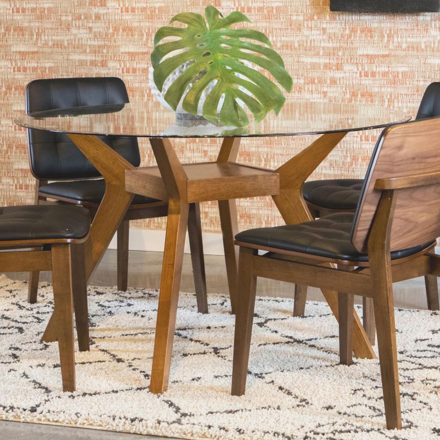 Paxton - Round Glass Top Wood Dining Table - Nutmeg