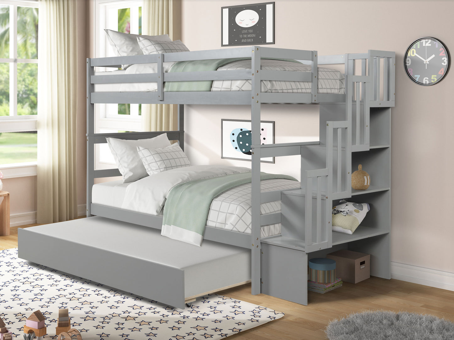 Twin Over Twin Bunk Beds With Twin Trundle And Stairway Storage Function