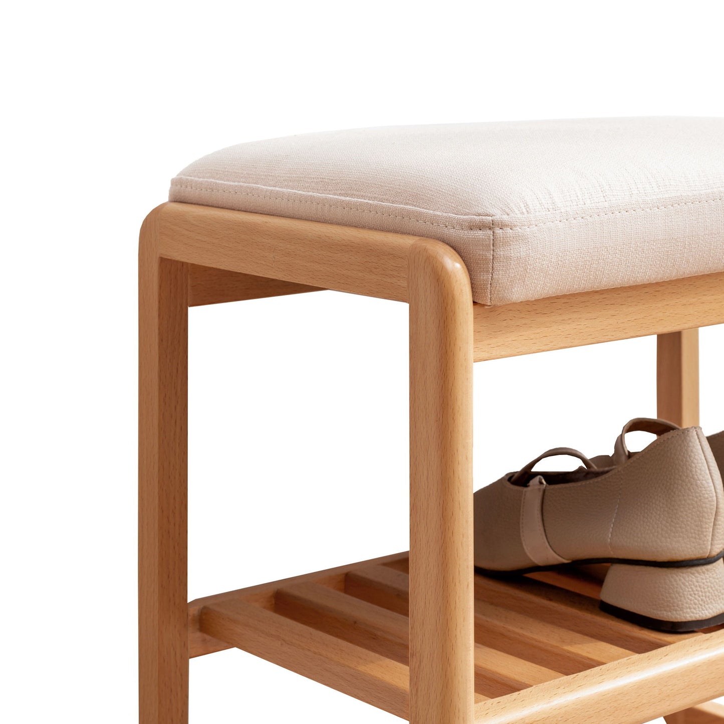 Shoe Bench, Beech Wood Storage Rack Organizer With High Rebound Sponge Cushion - Natural