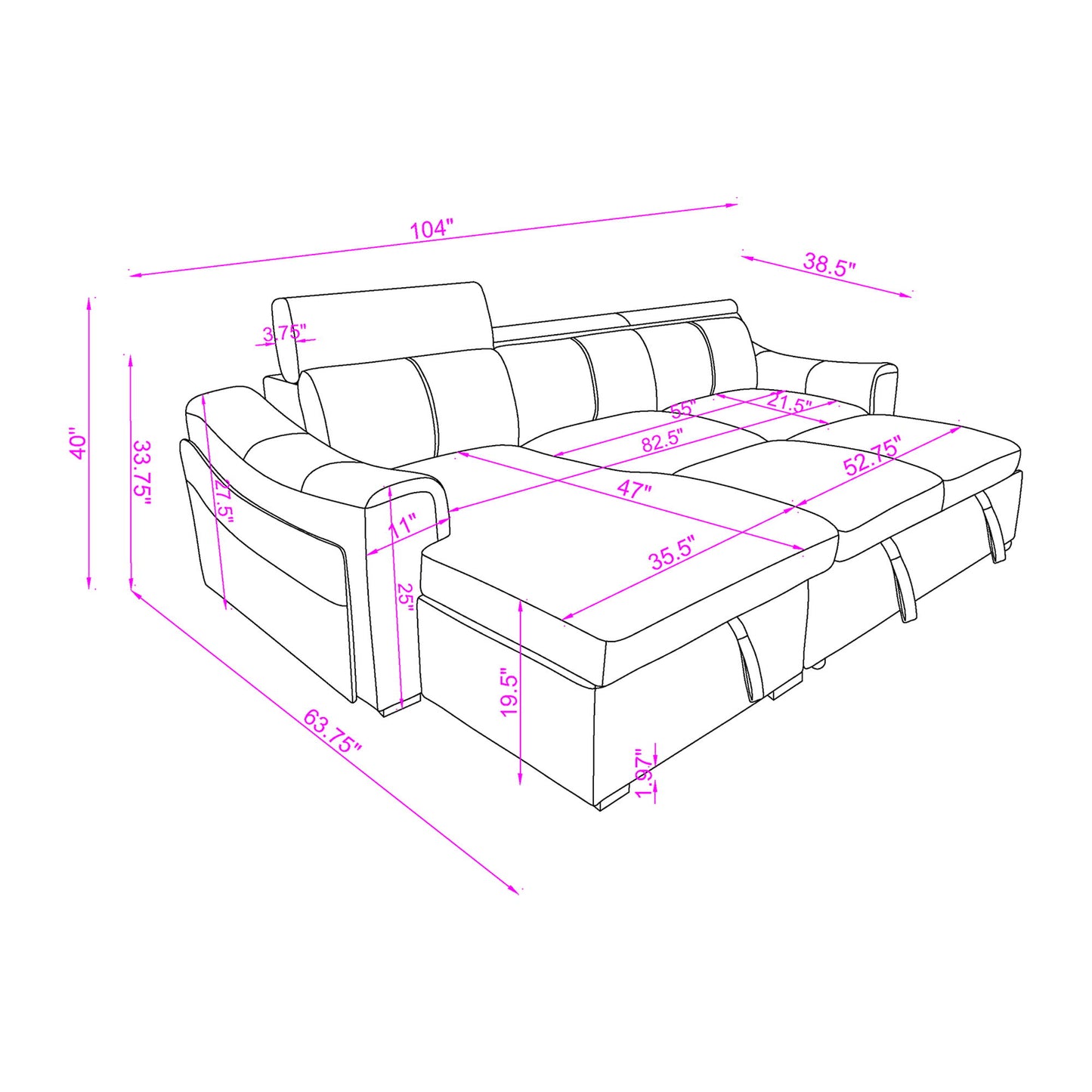 Bruno - Pull Out Complete Sofa Bed With Storage Chaise - Brown