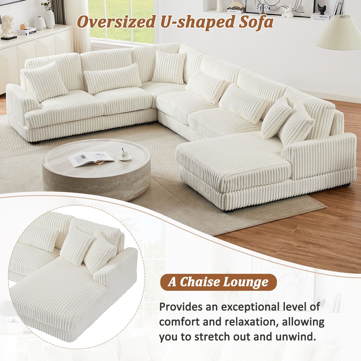 Oversized Sectional Sofa U - Shaped Sofa Couch Modern Sofa Upholstered In Soft Corduroy With A Chaise Lounge For Living Room