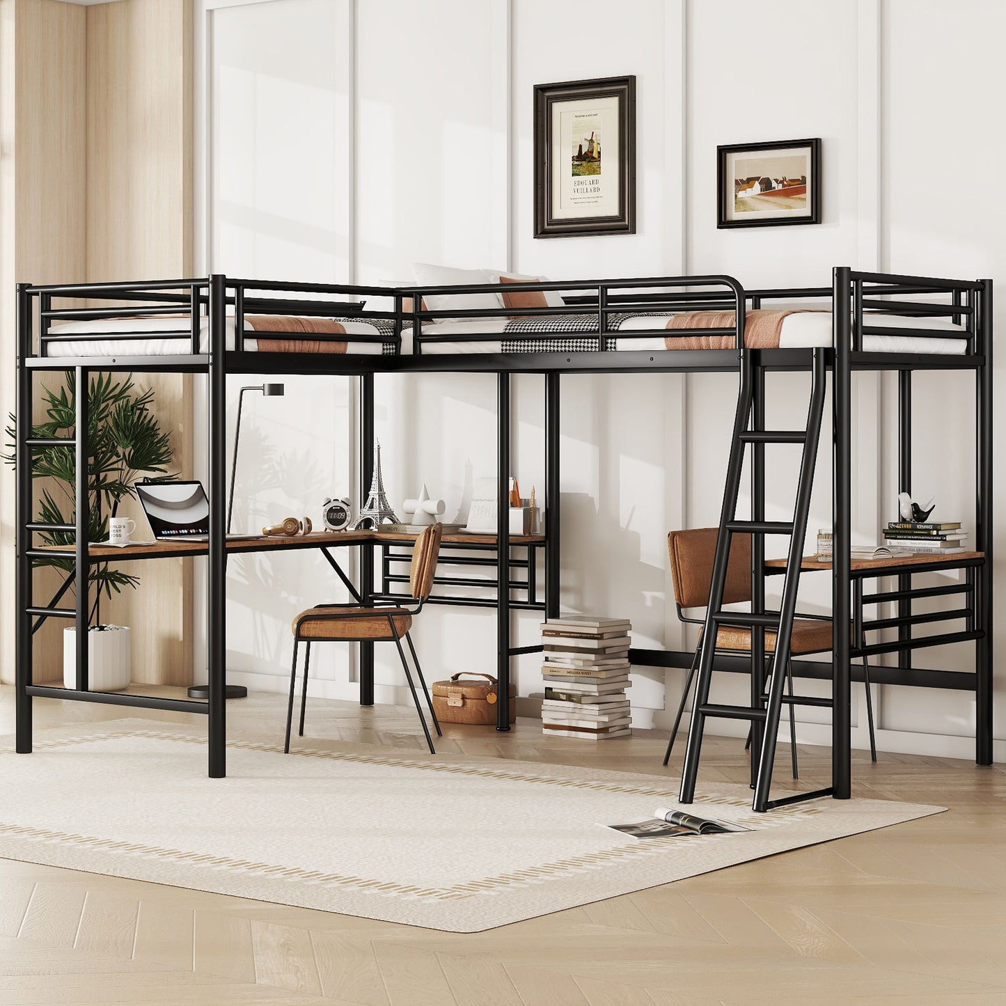 Twin Loft Bed With 2 Built In Desks, Mission Style - Black
