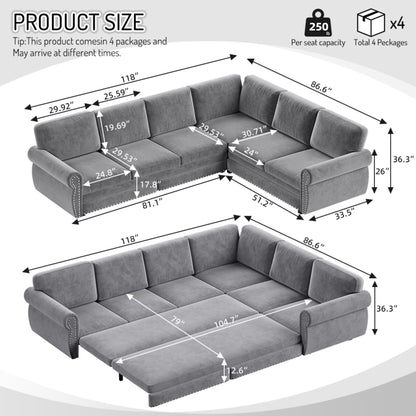 L-Shaped Sofa Couch With Pull Out Bed With Nailhead Trim & Rolled Arm