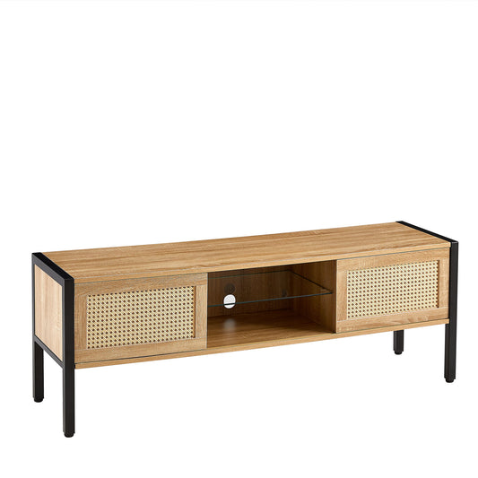 Rattan TV Cabinet With Variable Color Light Strip, Double Sliding Doors For Storage, Adjustable Shelf, Metal Legs, TV Console For Living Room