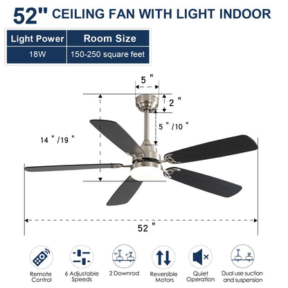 52" Ceiling Fan With LED Light, 6 Speed Remote Control, Reversible DC Motor