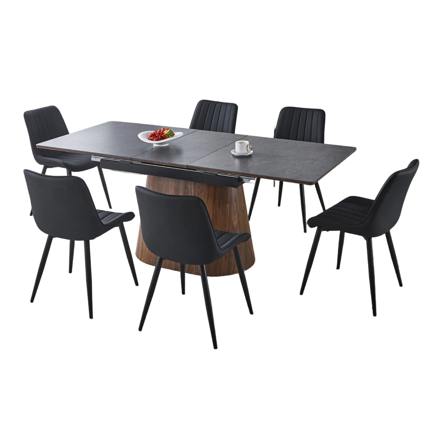 Extendable Dining Table With Cone Base And 6 Dining Chairs - Brown / Black