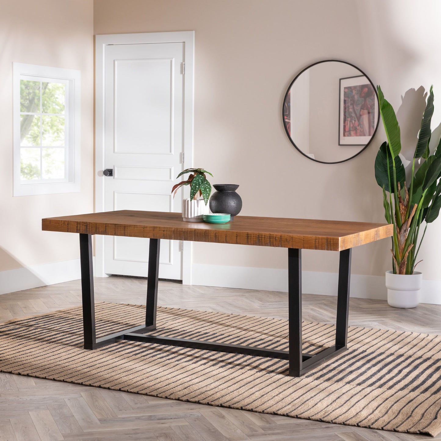 Modern Distressed Solid Wood And Metal Open Frame Dining Table