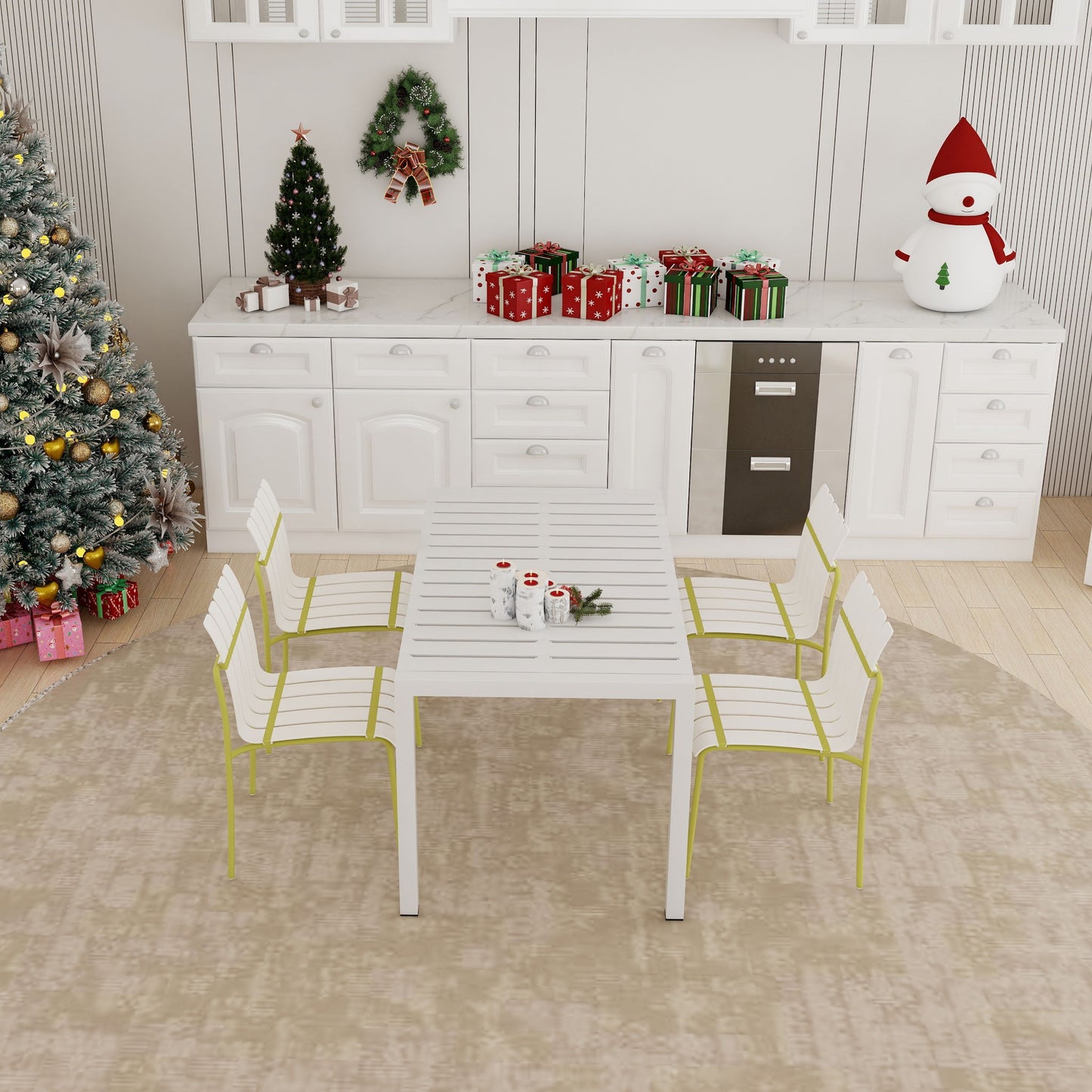 4 Piece Set Of Modern Color Block Designed Single Chairs With Long Table