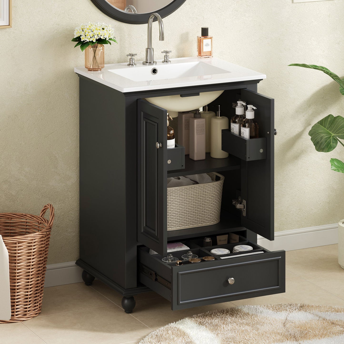 Modern Bathroom Vanity With Sink, Cabinet With Drawer And Dividers, Rectangular Storage Unit