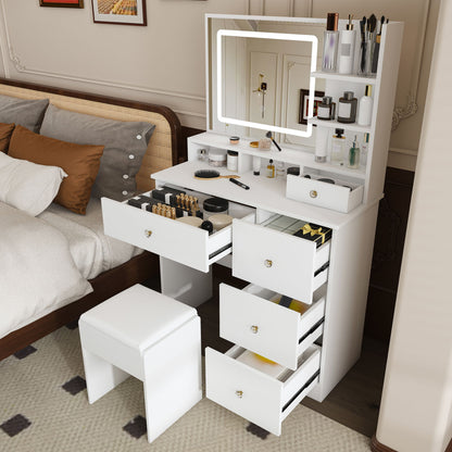 Vanity Desk With Mirror, 3 Color Lighting And Stool