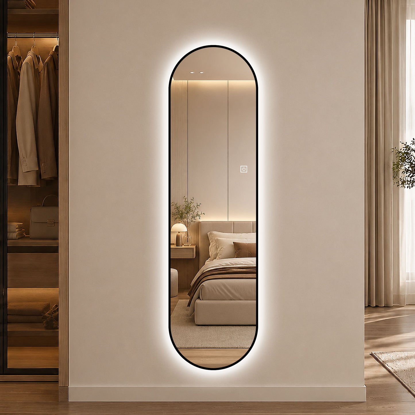 Capsule Shaped Dimmable LED Full Length Wall Mirror With Frame - Silver