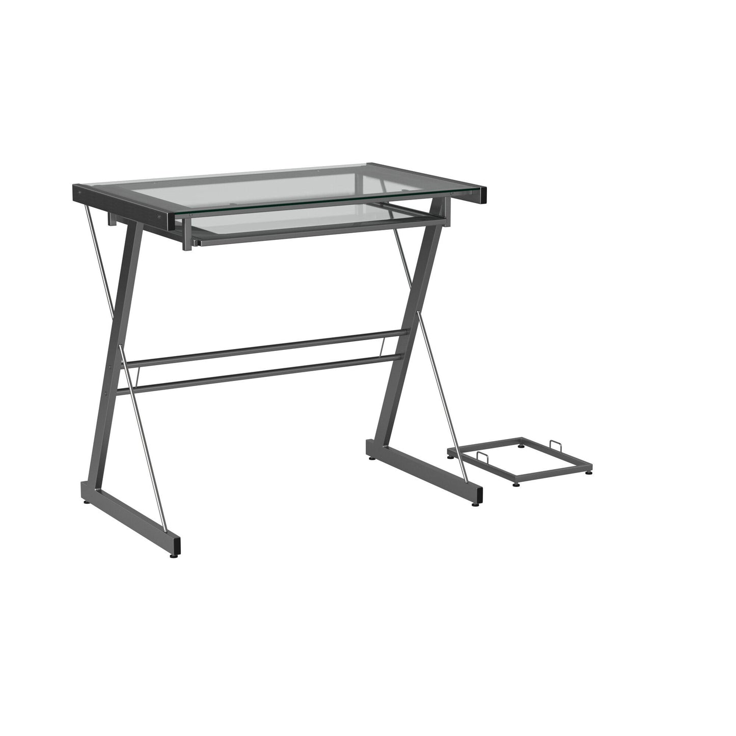 Modern Metal And Glass Computer Desk With Keyboard Tray - Silver