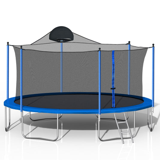 14Ft Trampoline For Adults & Kids With Basketball Hoop, Outdoor Trampolines With Ladder And Safety Enclosure Net For Kids And Adults - Blue