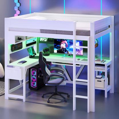 Gaming Loft Bed With Desk, Storage Shelves, LED And Charging Station