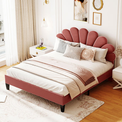 Upholstered Platform Bed With Flower Pattern Velvet Headboard