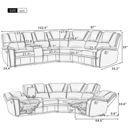 Modern Faux Leather Manual Reclining With Center Console And LED Light Strip, Living Room Furniture Set, PU Symmetrical Couch With 2 Cup Holders And Storage For Living Room