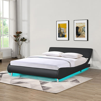 Queen Size Upholstered Platform Bed Frame, LED Lighting With Remote Controller And App, Curve Design, Wood Slat Support, No Box Spring Needed - Black